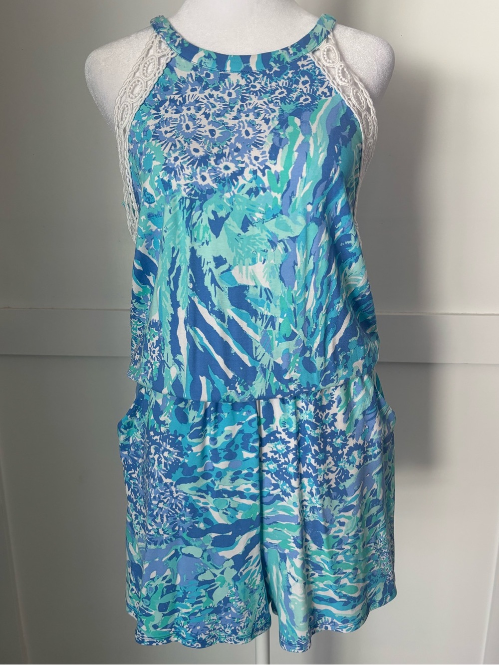 Lilly Pulitzer Lala Halter Romper in Blue Haven Hey Hey Soleil size small NWT